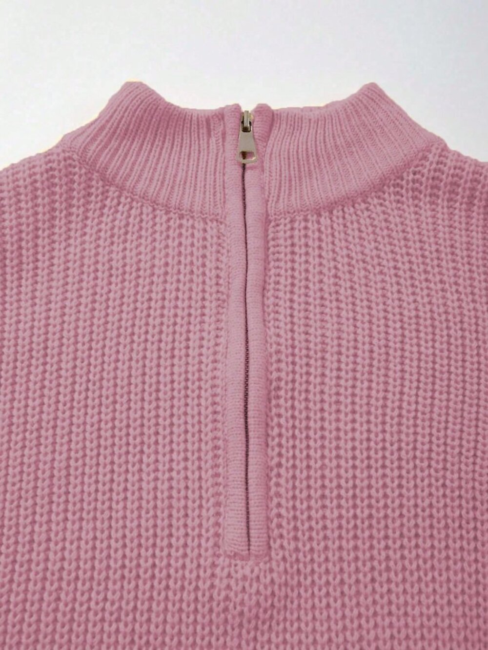 Light Pink Casual Womens Ribbed Loose Stand Collar Half-Placket Pullover Sweater - Picture 7 of 8